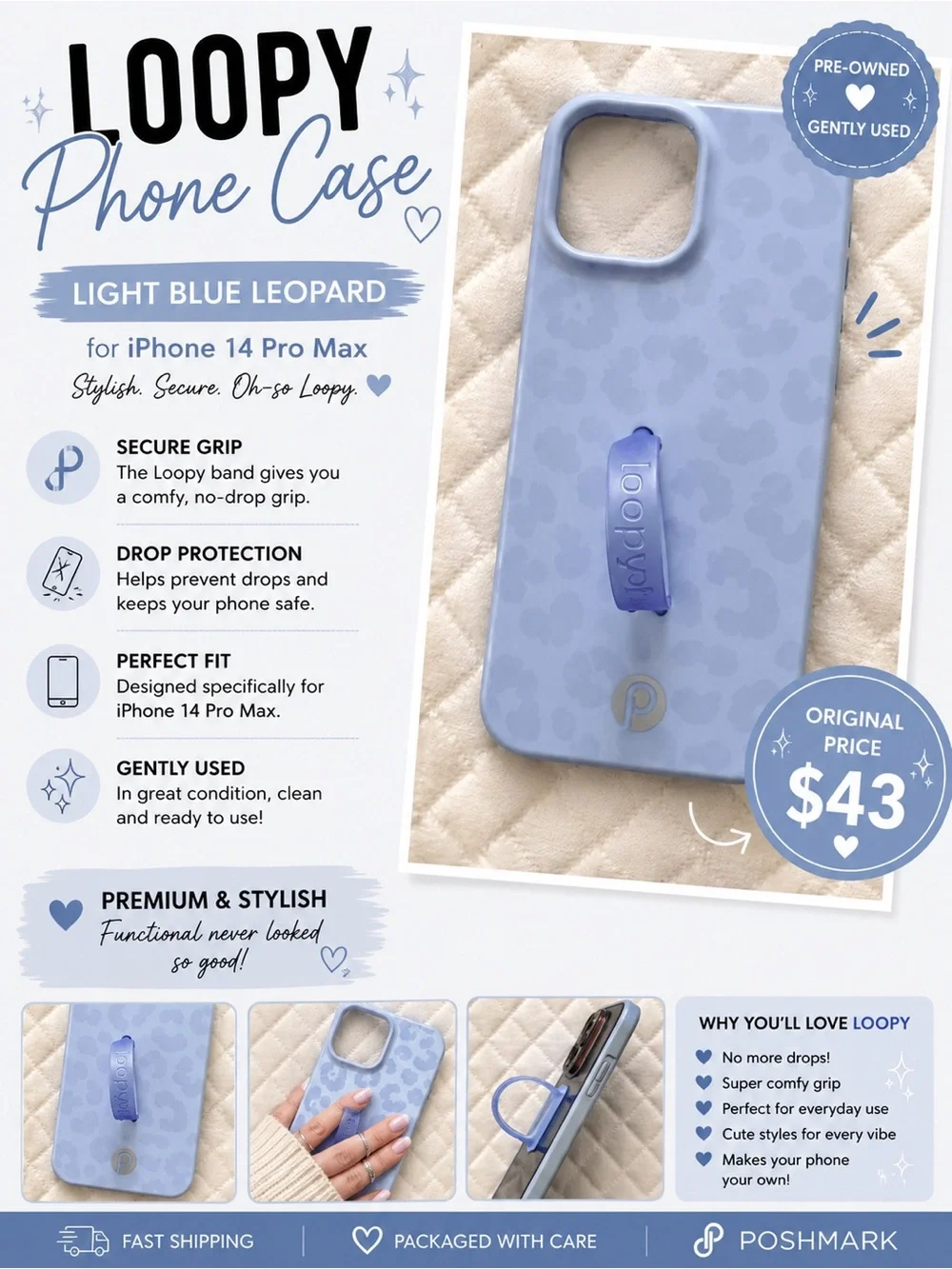 Loopy Case Light Blue Leopard Phone Case with Blue Loop for iPhone 14 Pro Max